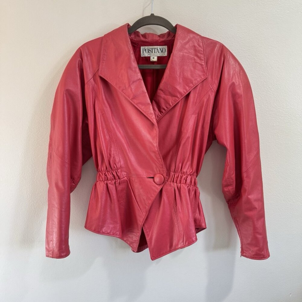 Vintage 80s Positano Pelle 100% Leather Jacket M Pink Barbiecore Fitted Coat